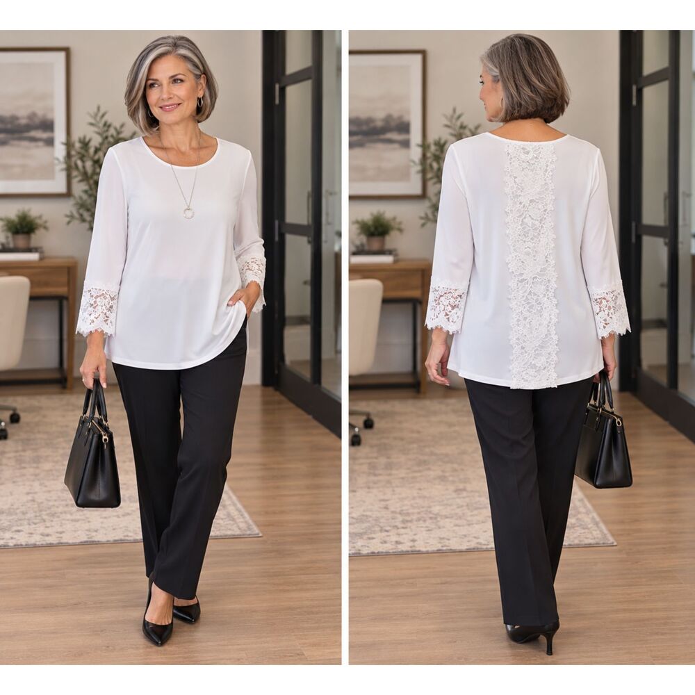 Susan Graver Occasions Liquid Knit Tunic White Medium Lace Back Sleeves